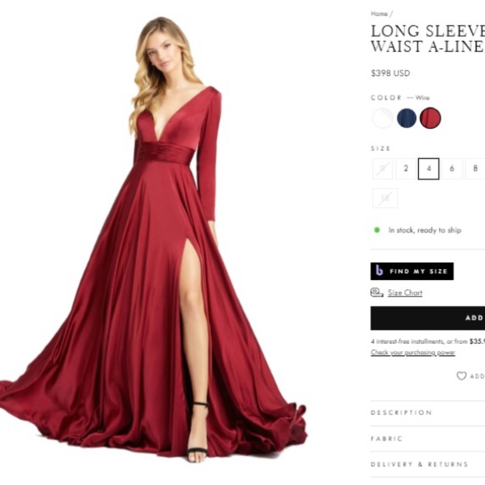 Irena for Mac Duggal in Garnet satin gown, fully lined, A-line, ruched waist